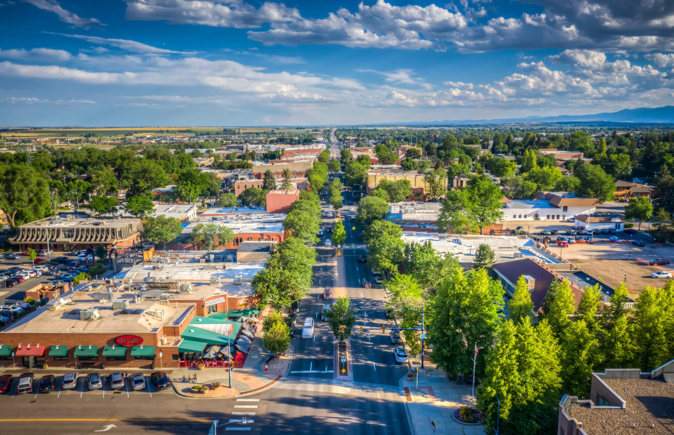 aerial view of downtown Longmont, CO